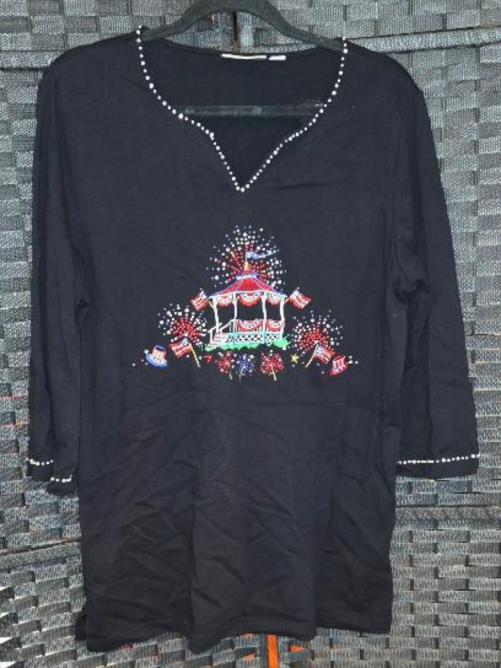 Quacker Factory Patriotic Gazebo and Fireworks Embellished Tunic Top Americana